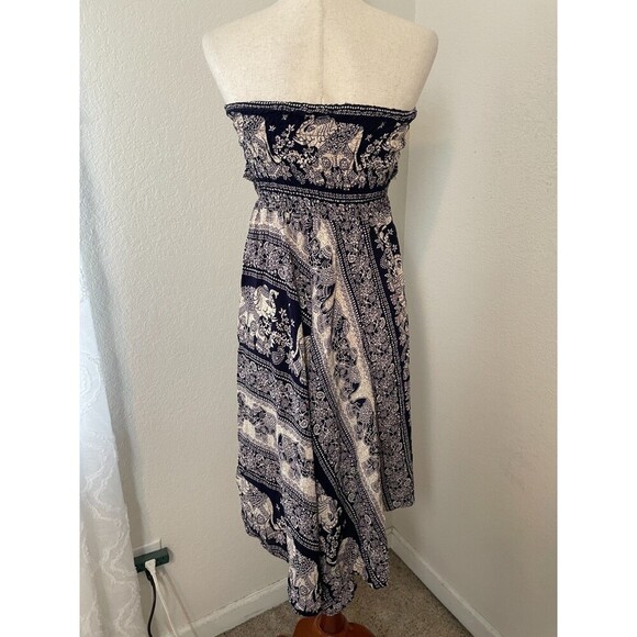 Boho Elephant Print Strapless Midi Dress Asymmetrical Hem Navy Beige 100% Rayon - Picture 4 of 7